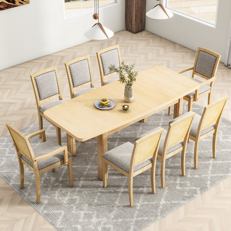 Ensemble de table de salle à manger extensible rustique de 84 pouces avec rallonge amovible de 24 pouces, 6 chaises de salle à manger rembourrées sans accoudoirs et 2 chaises rembourrées, 9 pièces