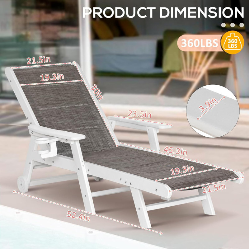 Chaise Lounge Chair Outdoor, 5-position Adjustable Patio Beach  With Wheels & Cup Holder