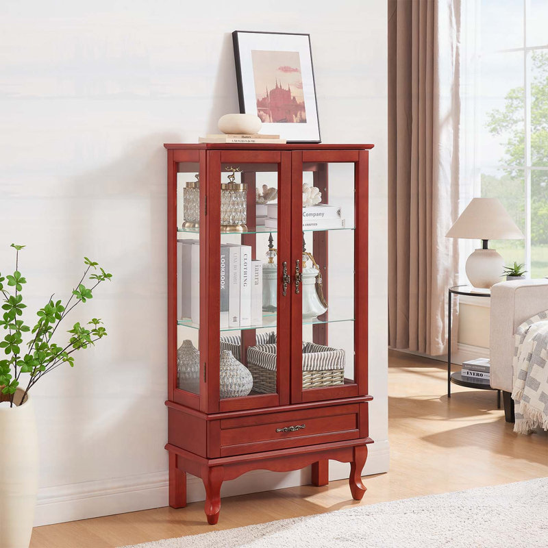 Armoire lumineuse en verre avec tablettes réglables et 2 portes, idéale pour la présentation de vin et de curiosités, finition cerise