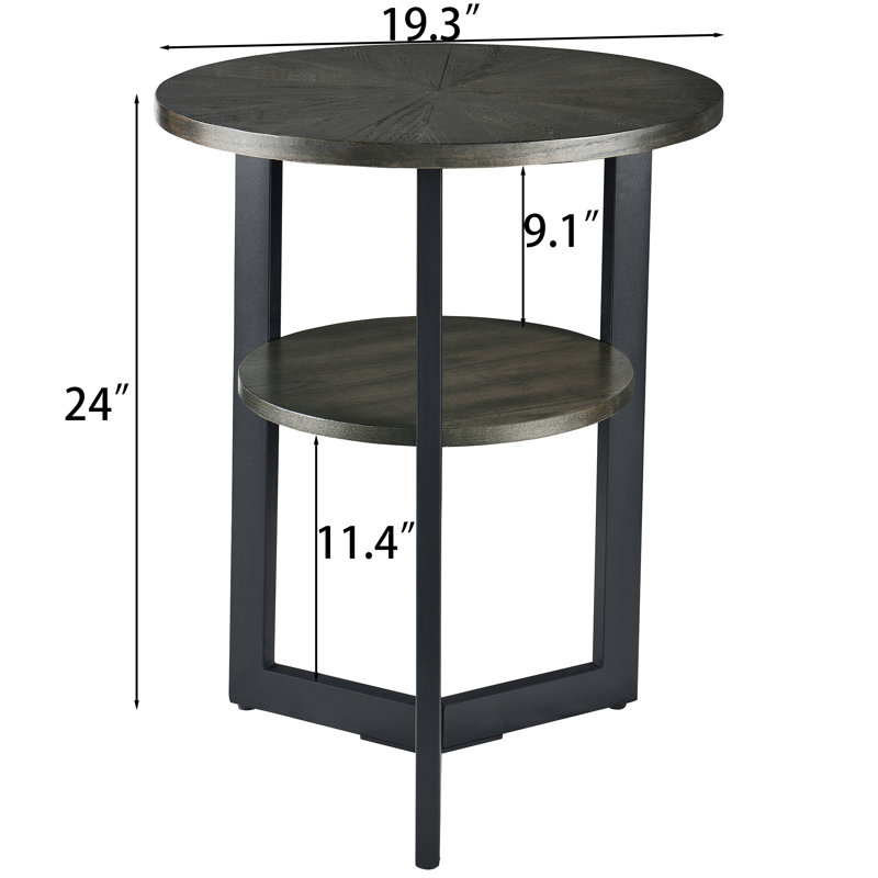 Table de bout ronde en bois avec tablette de rangement Wexford, table d'appoint industrielle moderne avec structure en métal, petite table d'appoint pour le salon, la chambre à coucher et les petits espaces, noir rétro