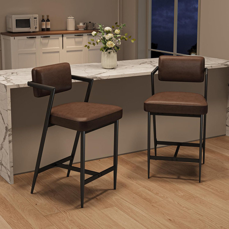 Bar Stools Set of 2, Tall Upholstered Chairs with Backrest & Footrest for Kitchen Island, Brown