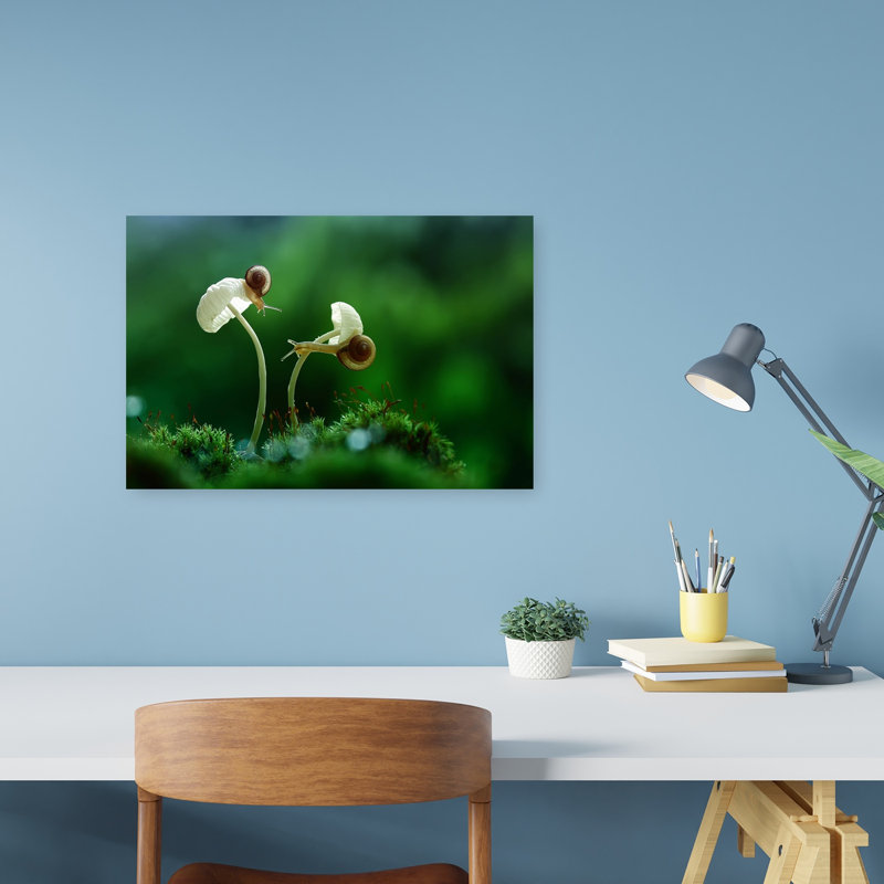 Curious Snails On Mushrooms Delicate Organic Peaceful Moss Forest Nature Wall Art Print by Abdul Gapur Dayak - Print