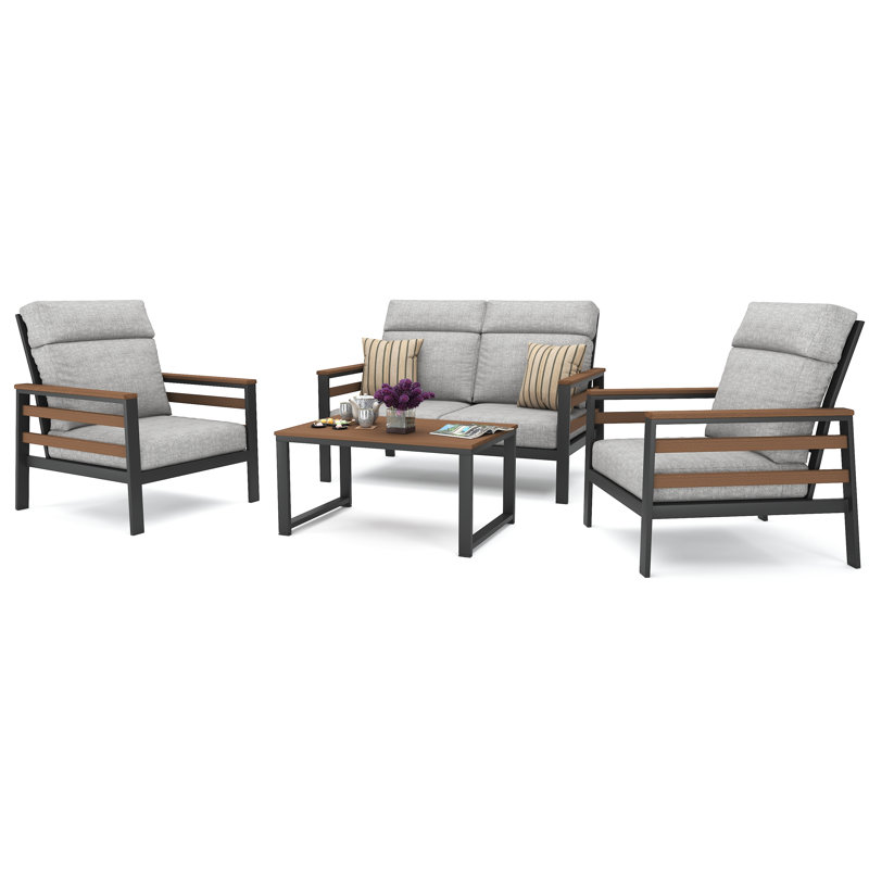 Ensemble de conversation pour 4 personnes avec coussins Sunbrella® Barbuda, Toile granit, Gris foncé / brun