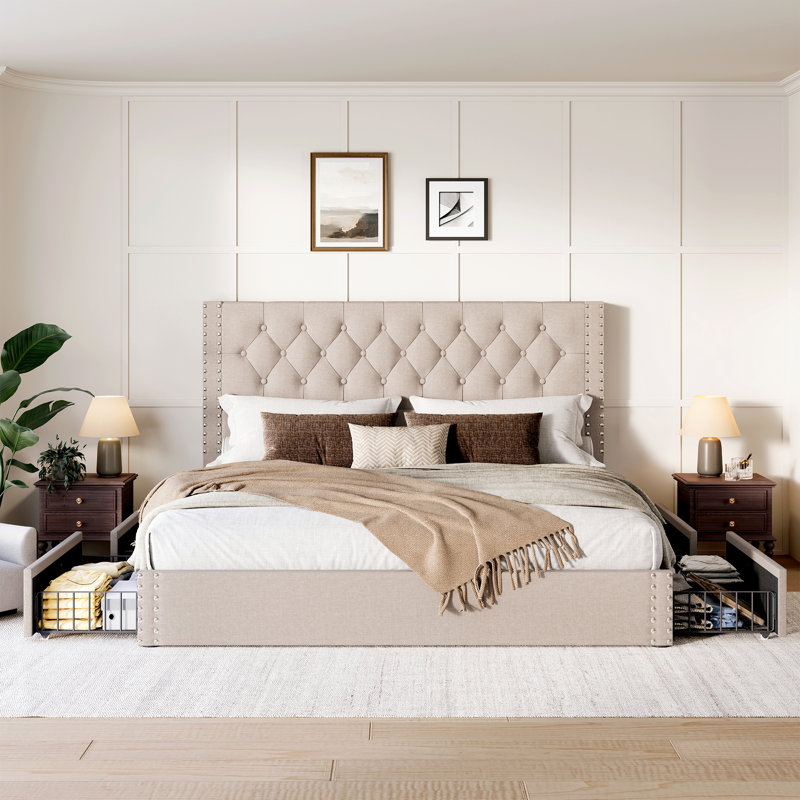 Upholstered Platform Bed With Storage Drawers, Beige, King