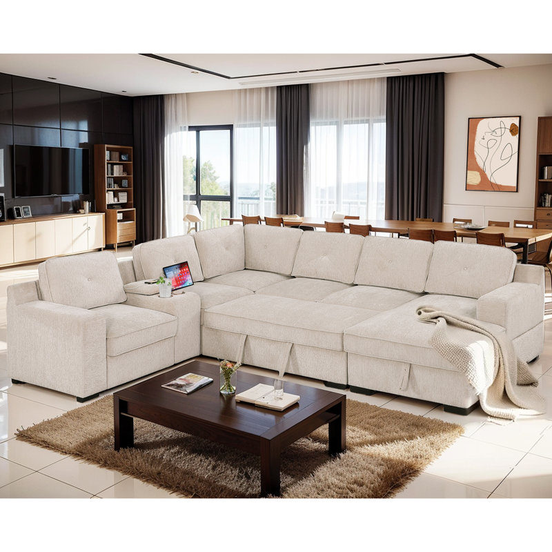 120" U-shaped Chenille sectional sofa with side table USB A/Typc C Pull out Sleeper Sofa with Storage Chaise, Beige Chenille