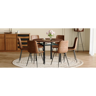Table And Chair Set.42 Inch Modern Minimalist Brown Wood Grain Round Dining Table Set.Paried With 6 Comfortable Technology-Fabric Brown Chairs With Curved Widened Cushion Design.