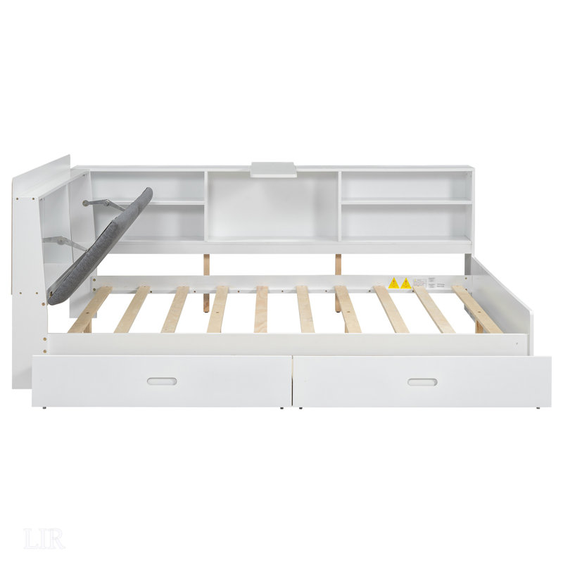 Lit plateforme en bois avec tête de lit, tablettes et 2 tiroirs pour une meilleure organisation, Blanc