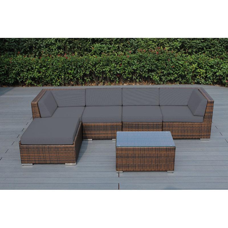 Billyjo Wicker 4 - Person Seating Group with Cushions - No Assembly, Mixed Brown, Sunbrella Coal