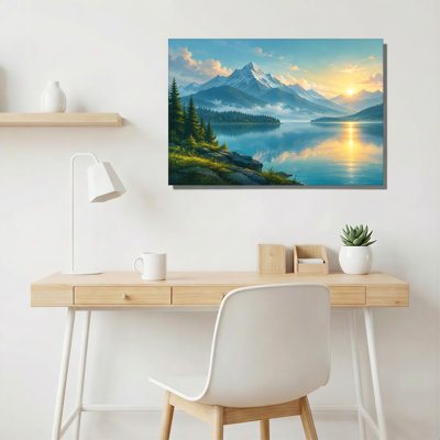 Toile murale représentant une chaîne de montagnes enneigées surplombant un lac brumeux au lever du soleil