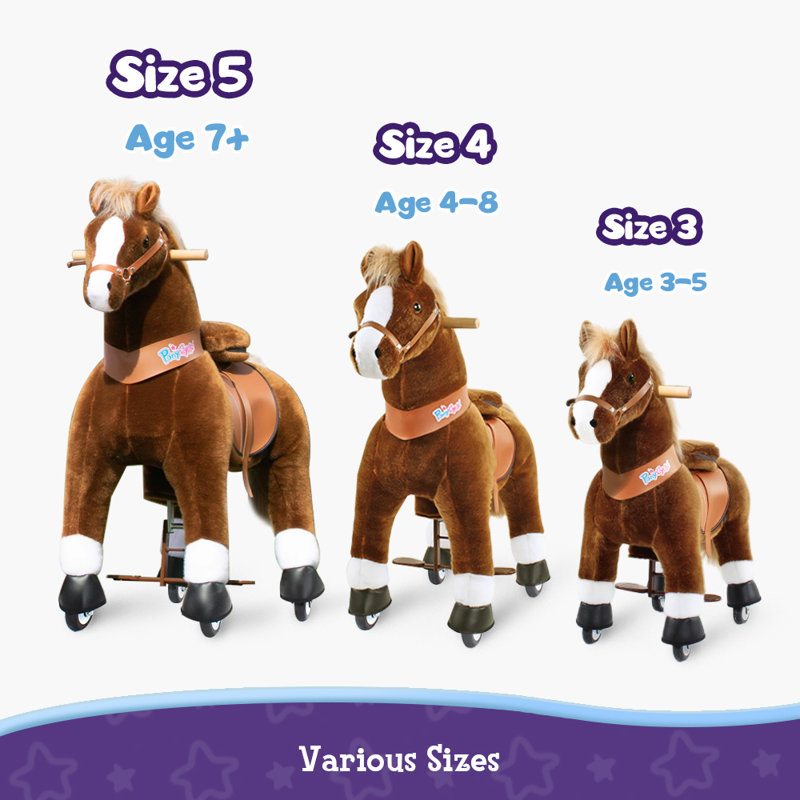 Large Brown Plush Ride-On Horse Toy with Brake for Kids