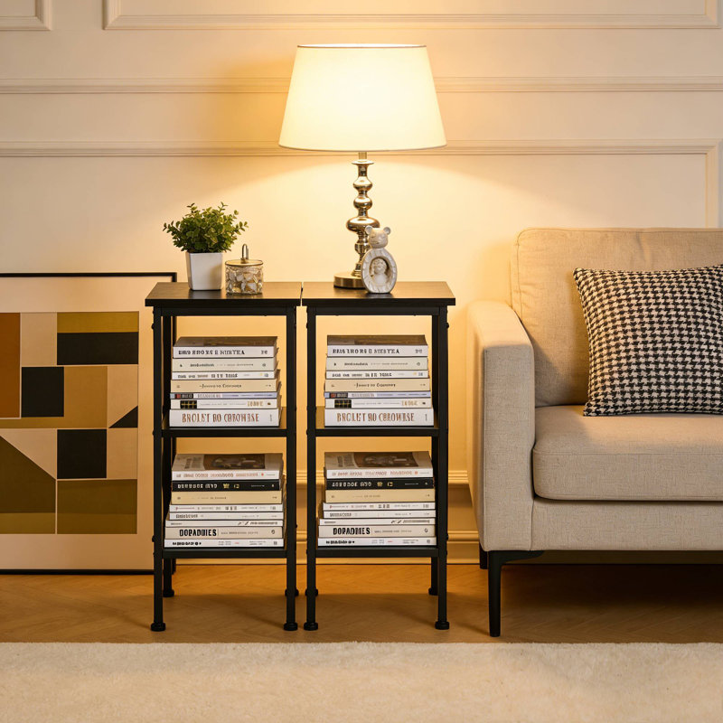Set of 2 Industrial Black 3-Tier Nightstand – Narrow Bedside Tables with Storage for Bedroom, Living Room, or Small Spaces