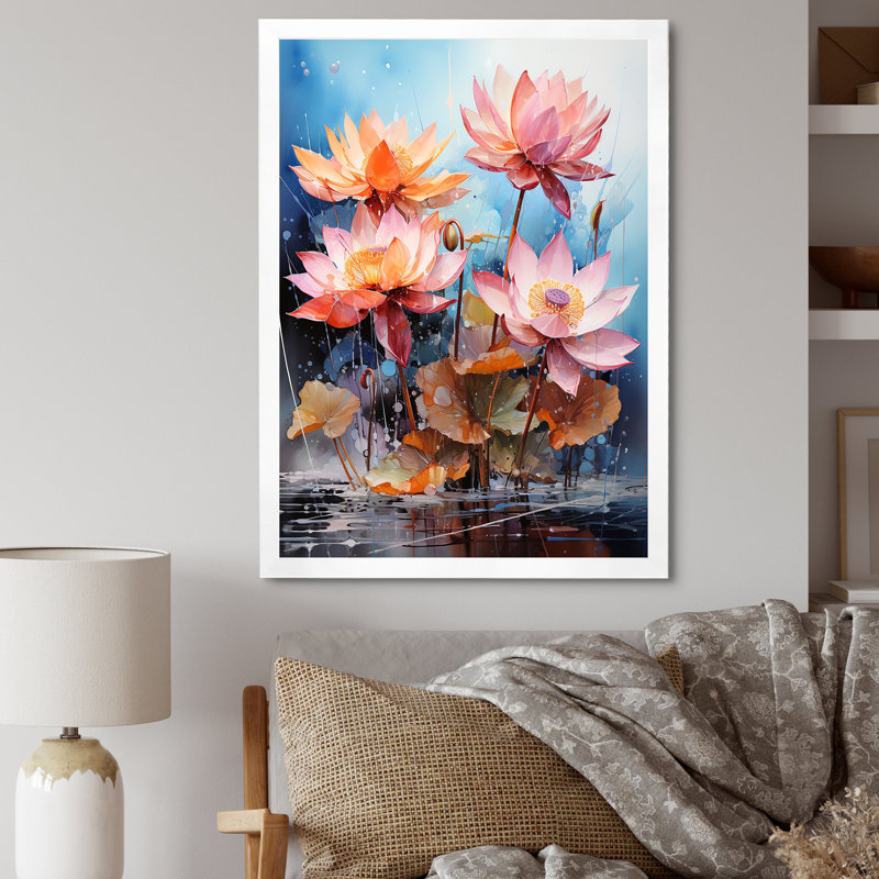 Lotus expressionniste vitalité - impression, Cadre simple blanc, H 32 po x l 24 po x P 1 po