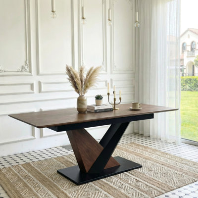 Scratch- Dining Table, Extendable, + Solid Wood Veneer, Metal Cross Base, Dark Walnut Extendable Rectangular Table For Kitchen Arrangement, Tabletop,
