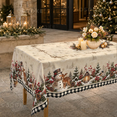 Winter Snowman Tablecloth, Rustic Forest Deer Table Cover with Pine Trees