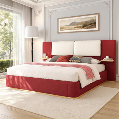 Upholstered Platform Bed Frame King Size Storage Angle Red-Toned Solid Construction No Box Spring Needed With Anti-Collision Rounded Corners