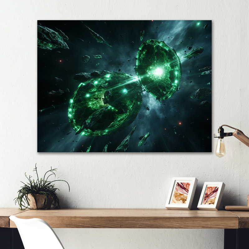 «Green and White Cosmos Explosion I», art mural en métal Planète de l'espace, H 12 po x l 20 po x P 1 po