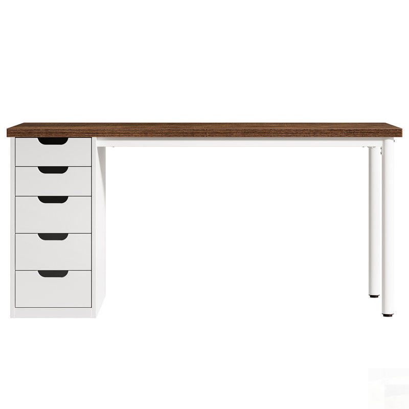 Bureau d'ordinateur moderne brun rustique avec 5 tiroirs et armoire réversible pour petits espaces, idéal pour le bureau à domicile et le bureau
