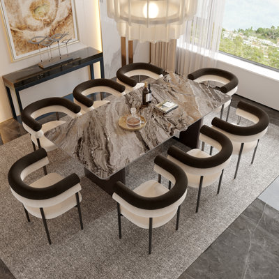 Modern Sintered Stone Dining Table Set with 8 Upholstered Bouclé Armchairs, Dining Room Set for 8