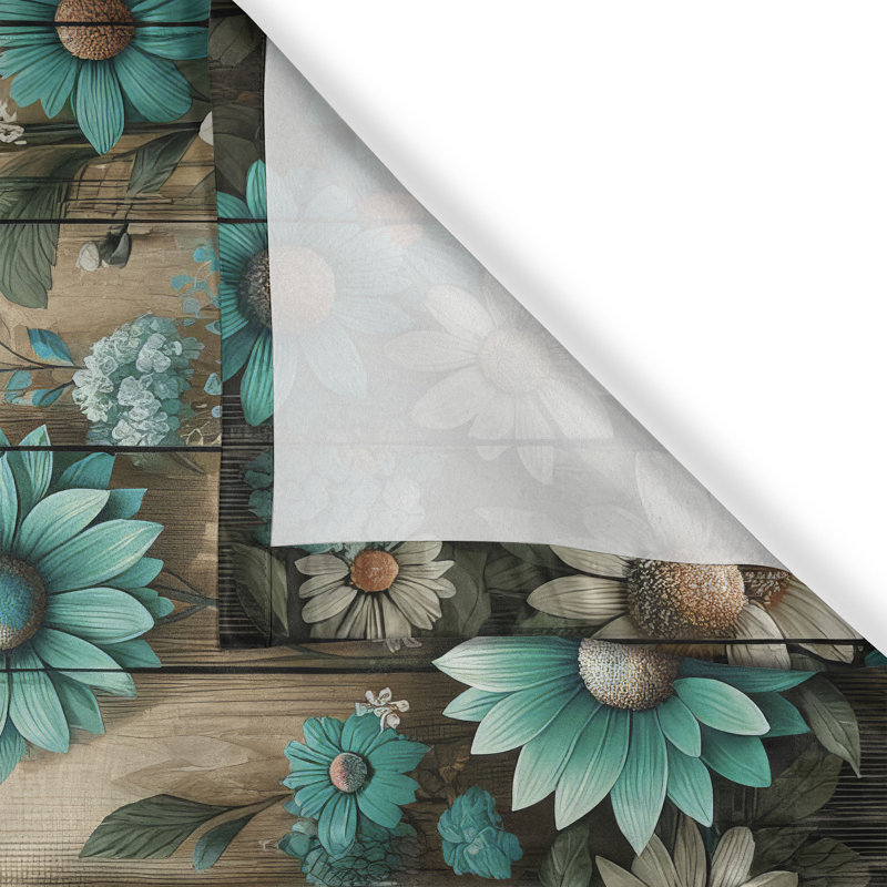 Turquoise and Gray Floral Polyester Kitchen Curtains Set