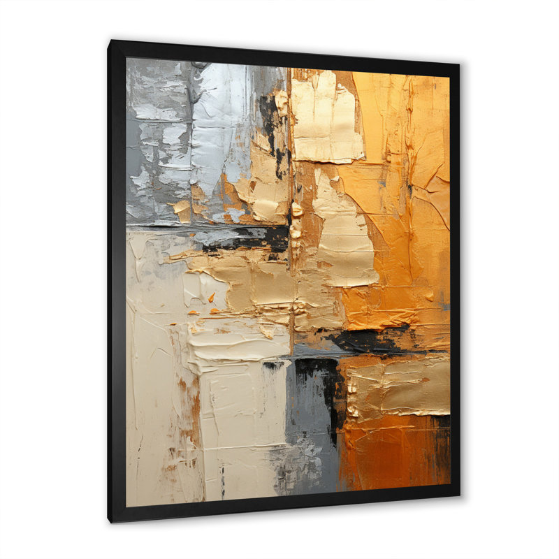 Fromma, gris doré, géométrie brillante XV - Collages abstraits, art mural, H 32 po x l 16 po x P 1 po, Cadre photo noir