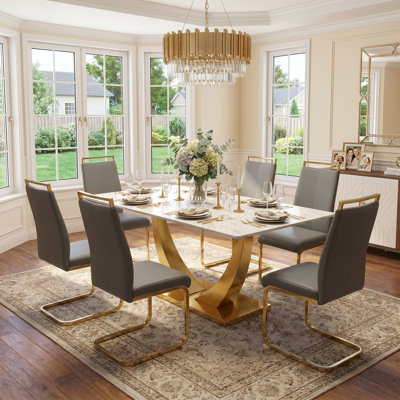 Aurora Morden Mid-Century 63" Rectangular Dining Table Set with Faux Leather Chairs