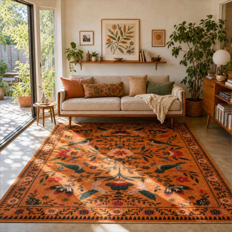  Goldene Boho Washable Botanical Orange Area Rugs for Living Room, Low-Pile Floral Rug with Non Slip Backing For Bedroom Dining Room