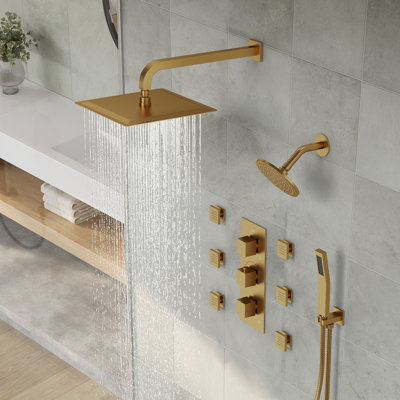 Thermostatic Dual Showerheads System, Wall Mount 12" High-Pressure Rainfall Shower Faucet with Handheld Spray and Body Jet