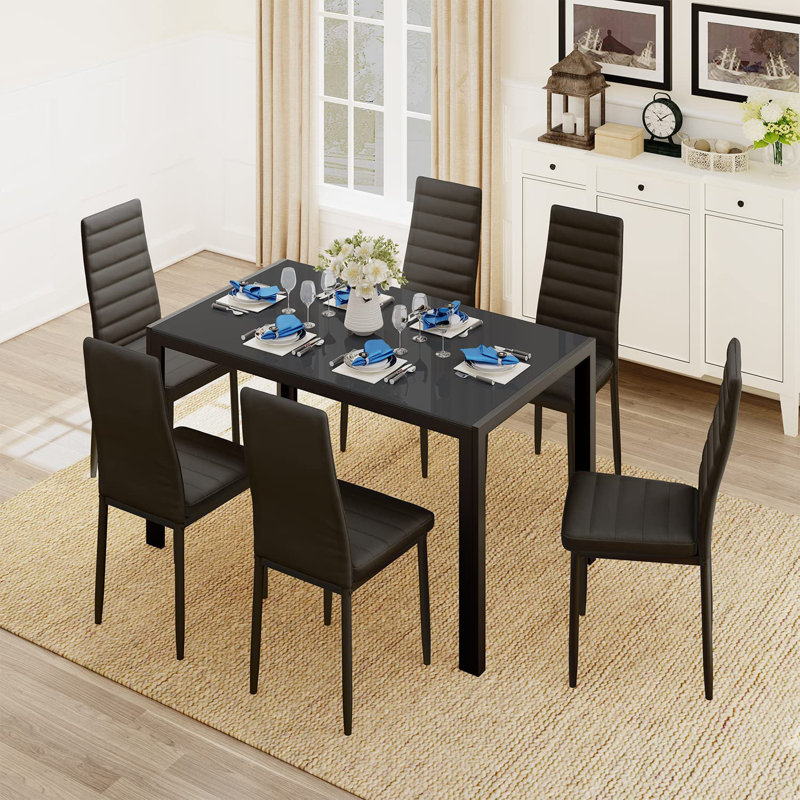 7 - Piece Glass Top Dining Set, Black, black