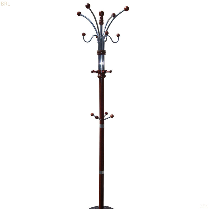 73" Tall Chrome And Wood Coat Rack, Cherry Finish, Cherry