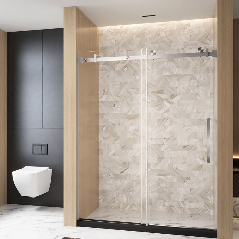 Frameless Single Sliding Shower Door  56-60 "W X 76" H, 1/4 "(6 Mm) Clear Tempered Glass, Brushed Nickel