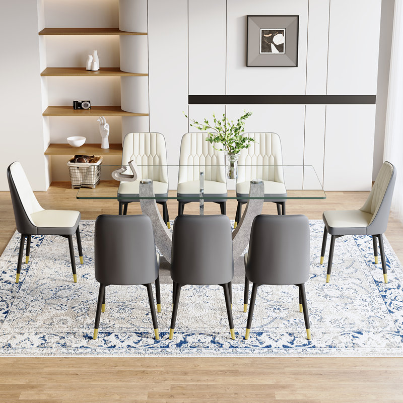 71'' Modern Glass Dining Table Set For 6-8,Ideal For Family Gatherings, 9 Pieces: Table, 8 Chairs, White/Gray