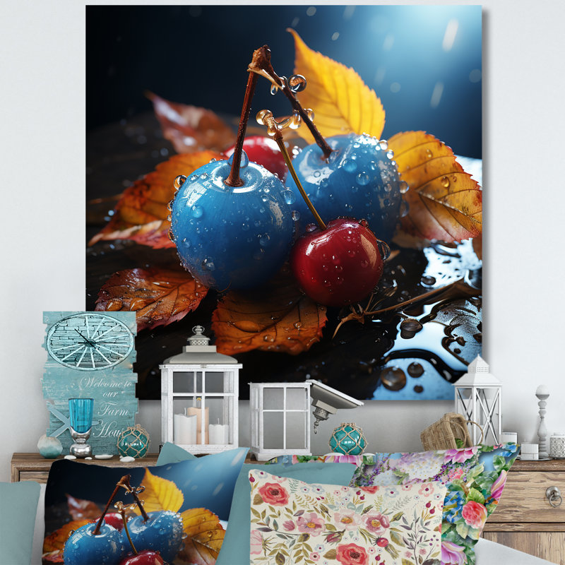 «Blue Autumnal Cherry Glass» - art mural cerise, Toile tendue, H 30 po x l 30 po
