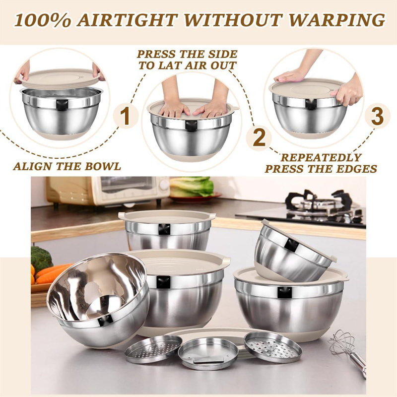 Stainless Steel Mixing Bowls Set with Airtight Lids and Grater Attachments