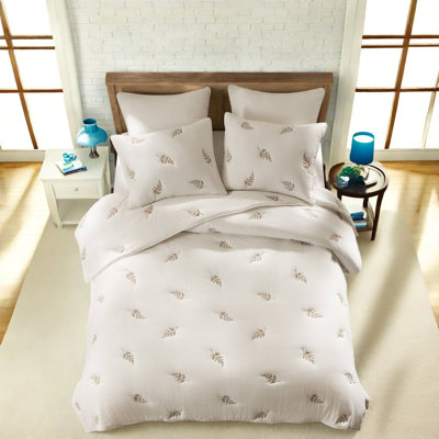 Ensemble de literie en coton pour lit double/queen, courtepointe botanique blanche et grise