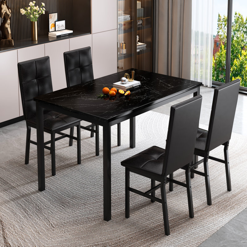 Dining Table Set For 4, Rectangle Dining Room Table Set With Four Chairs And Faux Marble Top, Dining Table Set With Backrest For Dining Or Living Room