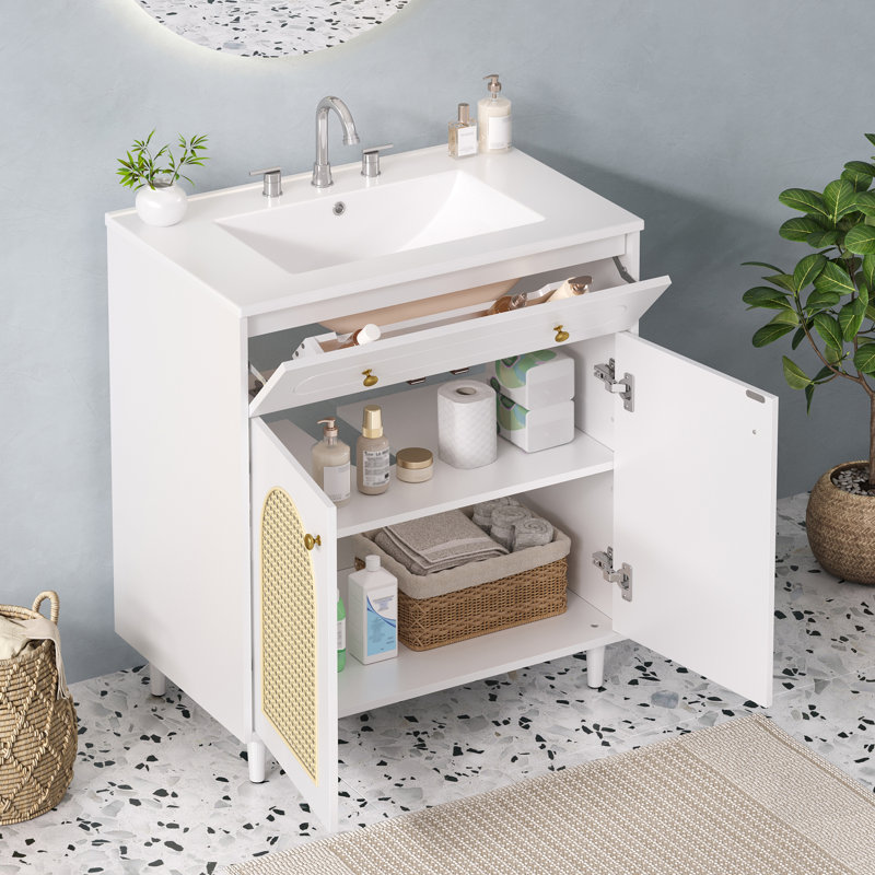 Meuble-lavabo de salle de bain avec lavabo en céramique, structure en bois massif, tablette réglable, tiroir basculant, panneaux avant en rotin