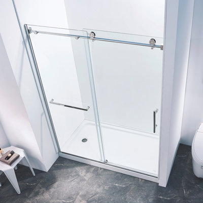 56-60"W X 75"H Semi-Frame Single Sliding Shower Door, 304 Stainless Steel In Chrome, 5/16" (8Mm) Thick SGCC Tempered Clear Glass