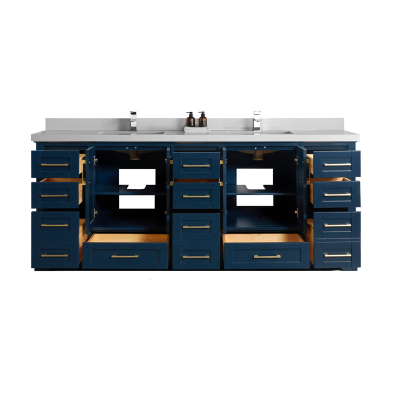 Eser 84'' Double Bathroom Vanity with Top, Straight Carrara Quartz, Navy Blue
