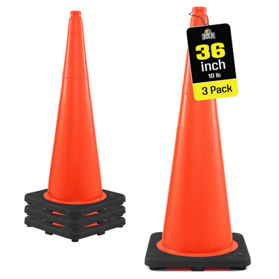 Boen 36 in, Orange Traffic Cones, 3-Pack, High-Visibility Safety Cones with 10 lb. Base for Parking, Construction & Traffic Control