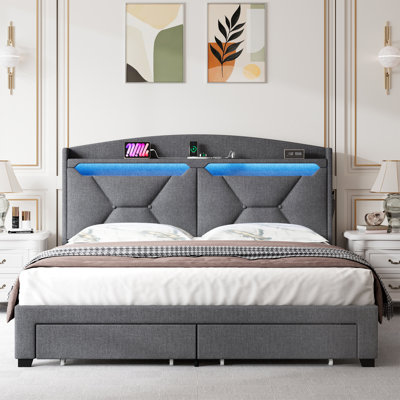 Innovative Storage Headboard Integrated With RF LED Lights, Offering Multiple Charging Options And Ample Storage For A Modern Bedroom