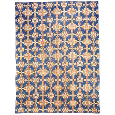 Tapis 9 pi x 11 pi Mid-20Th Century bleu cobalt, jaune et brun fabriqué à la main par Agra indien BB3701