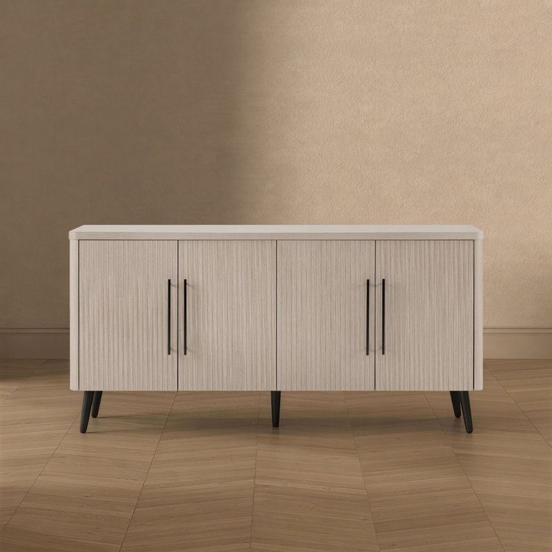Jodie 65" Mid-Century Modern Sideboard with 8 Adjustable Shelves, White Washed Oak