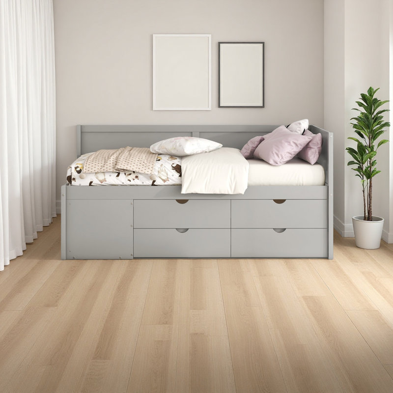 Lit de jour avec tiroirs et tablettes, Gris, Lit simple