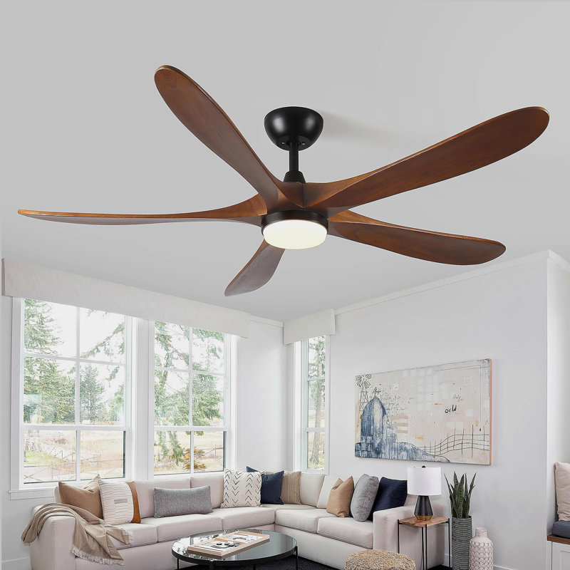Ventilateur de plafond en bois massif de 62 pouces avec télécommande et éclairage (DEL), ventilateur de plafond moderne à 5 pales à moteur à courant continu intérieur / extérieur, adapté pour le patio, la chambre à coucher et la maison de campagne