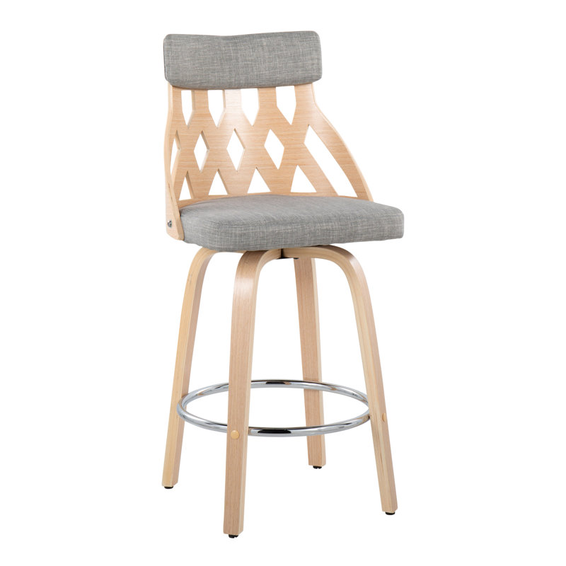 Tabouret de comptoir Mid-Century moderne de 26 po en bois naturel et tissu gris clair avec repose-pieds chromé By