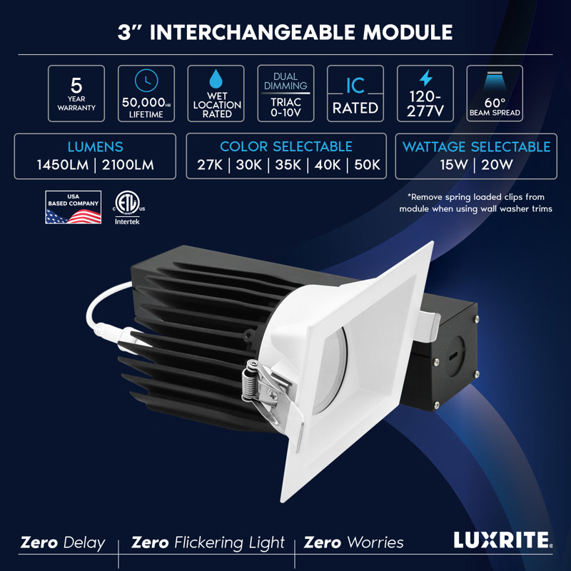 Luxrite 3 po Luminaire encastré à DEL à DEL avec rondelle murale carrée blanche interchangeable, CRI90, 15 / 20W, 1450 / 2100LM, à intensité variable, à intensité variable à 60 °