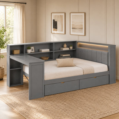 Lit plateforme gris en bois, bureau de chargement avec tiroirs de rangement DEL