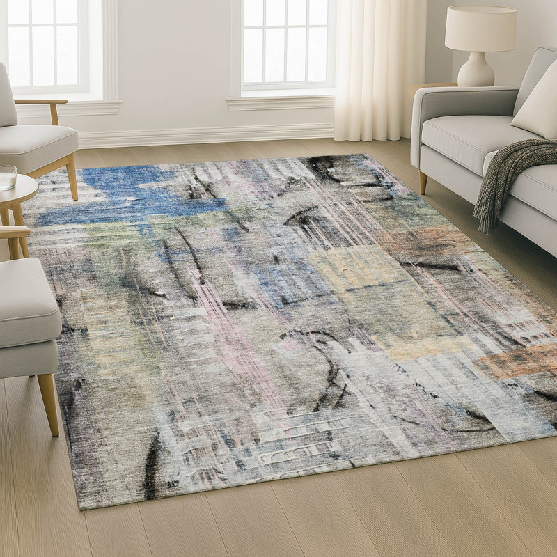 Premium Machine Washable Mayfield AMF2076 Abstract Rug, Blue, 9' x 12'