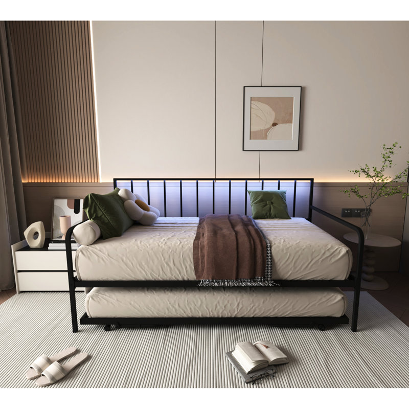 Black Adjustable Twin Daybed With Lighting, Power Station & Trundle, Metal Frame For Bedroom, Living Room, Guest Room - Strong Slats, Charging Trundle Lights, Height, Legs, Easy Assembly