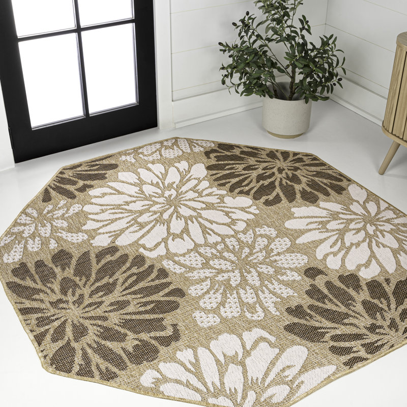 Zinnia Modern Floral Textured Weave Brown/Cream Indoor/Outdoor Rug, Octagon 7'9"